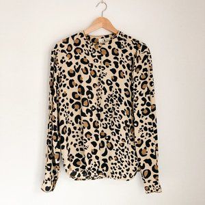 Vintage Flora Kung Silk Invisible Button Down Leopard Print Blouse, Womens 6